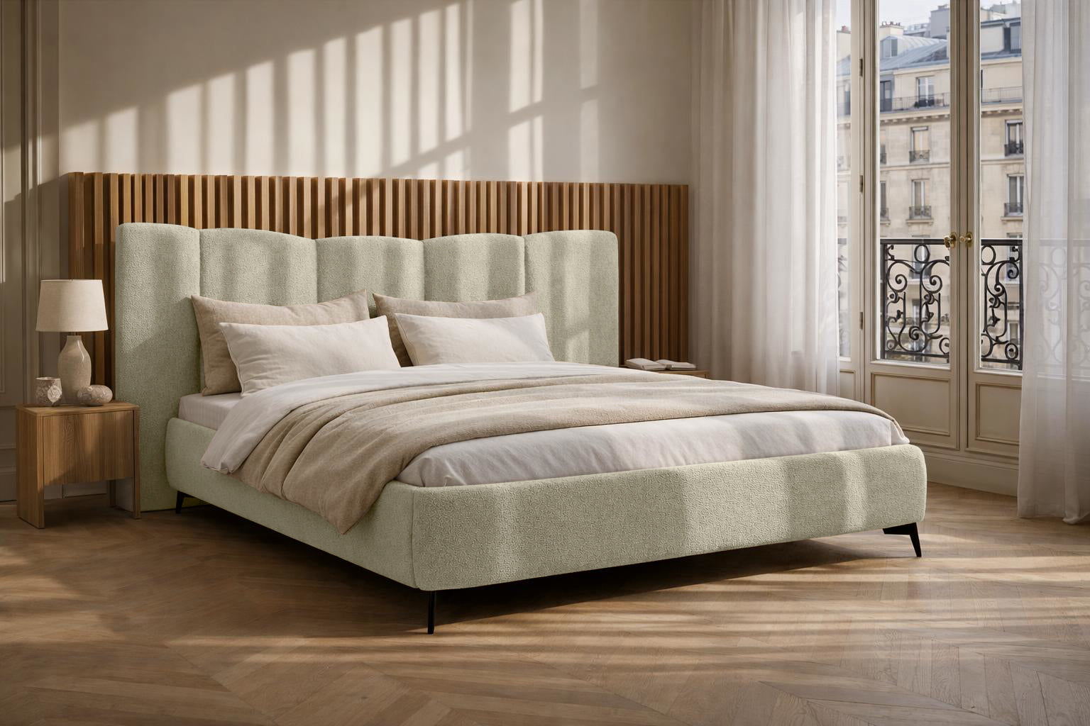 Lit coffre François Miron en tissu chenille beige Paname Avenue dans un décor inspire au quartier parisien