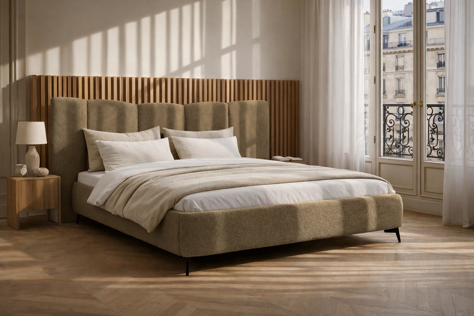 Lit coffre François Miron de la marque Paname Avenue dans une chambre au style contemporain naturel avec influence japandi et design architectural.