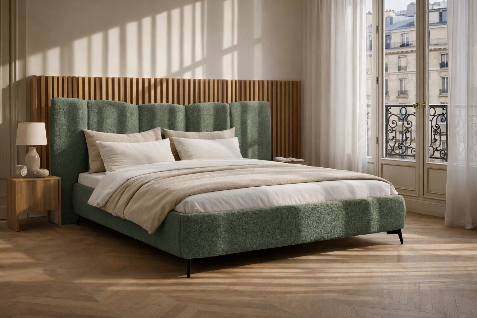 Lit coffre François Miron en tissu chenille vert Paname Avenue dans un décor inspire au quartier parisien