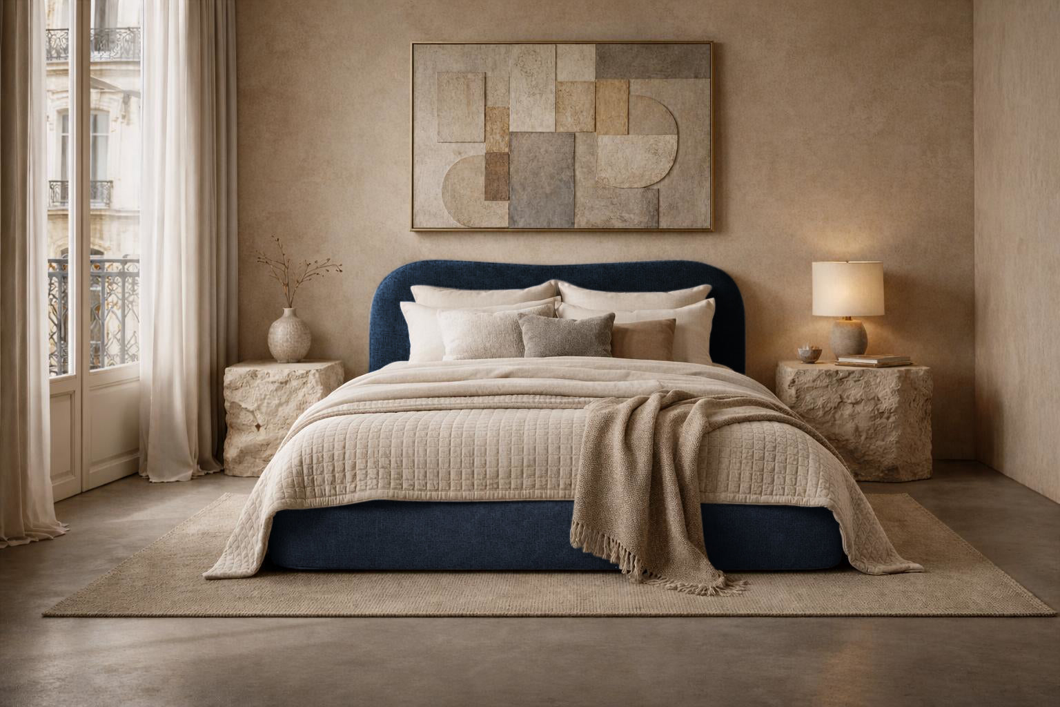 Lit coffre Gravilliers en tissu chenille bleu Paname Avenue, dans un décor inspire au quartier parisien