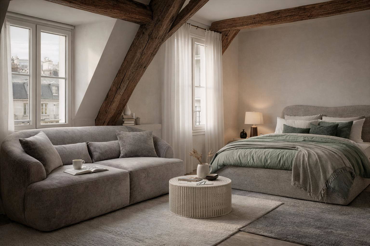 Lit coffre Gravilliers et canapé droit Calais dans une chambre sous combles d’appartement parisien avec aménagement intérieur