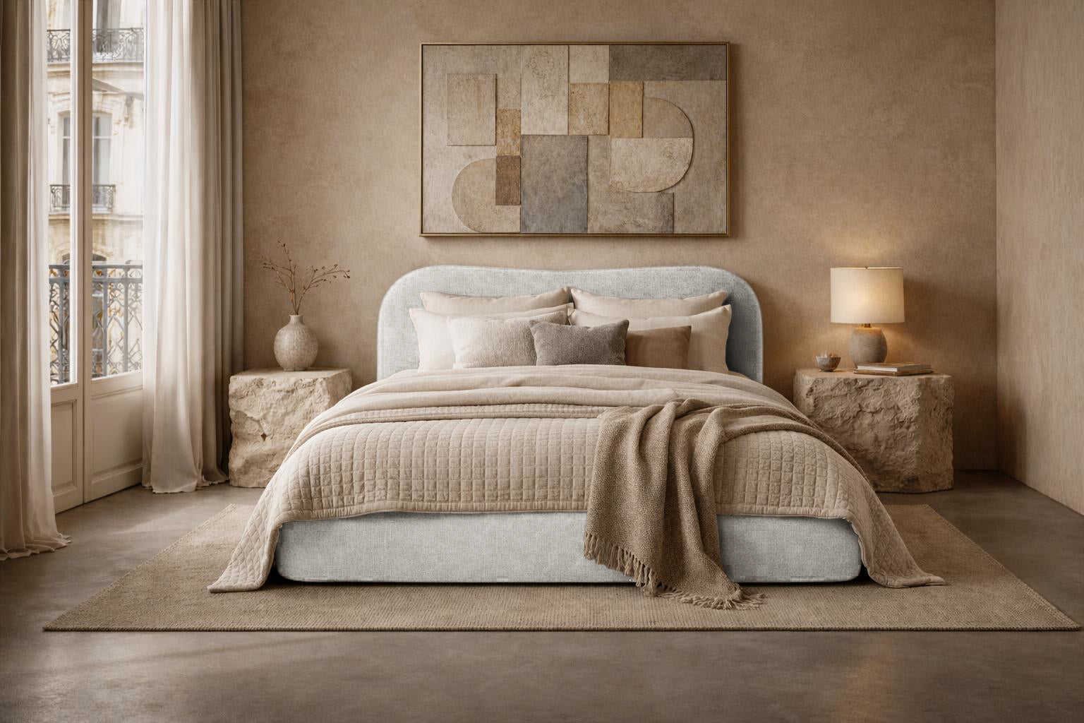 Lit coffre Gravilliers en tissu chenille gris clair Paname Avenue, dans un décor inspire au quartier parisien