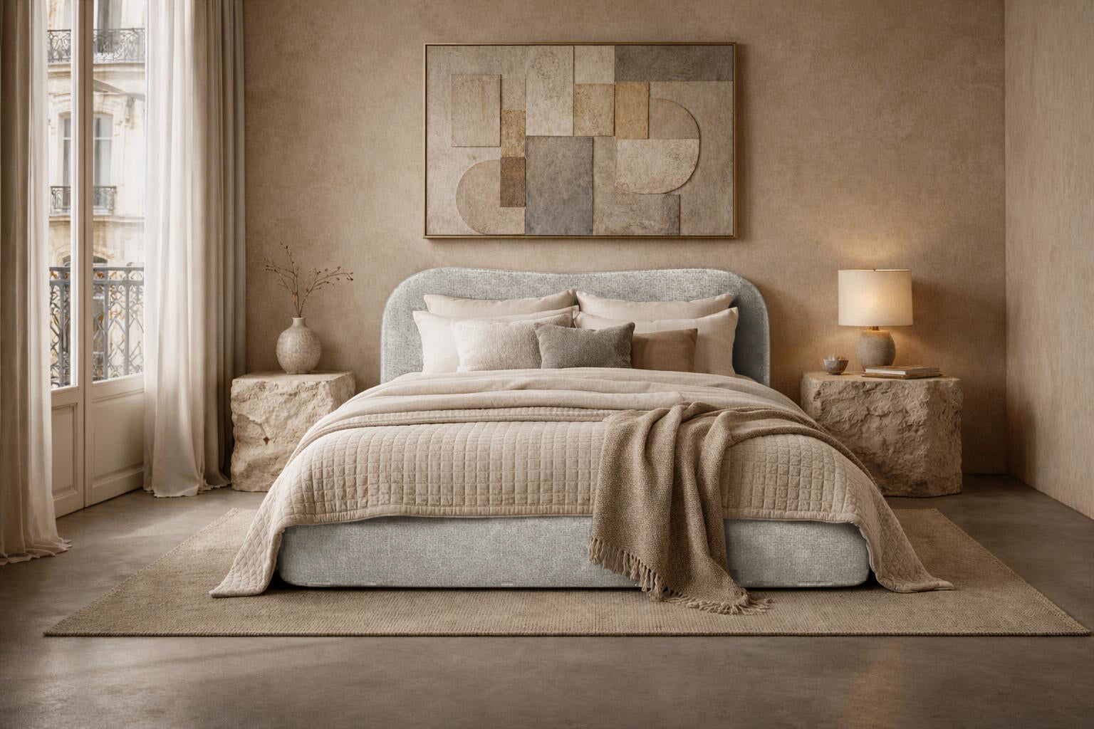 Lit coffre Gravilliers en tissu chenille gris clair Paname Avenue, dans un décor inspire au quartier parisien
