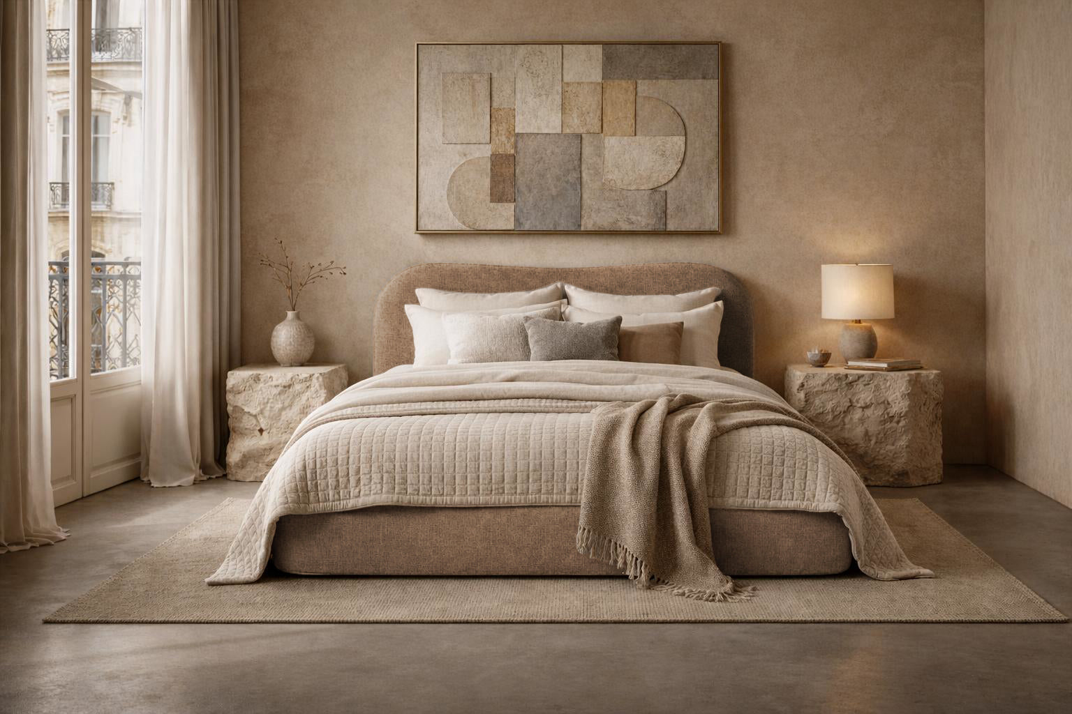 Lit coffre Gravilliers en tissu chenille taupe Paname Avenue, dans un décor inspire au quartier parisien