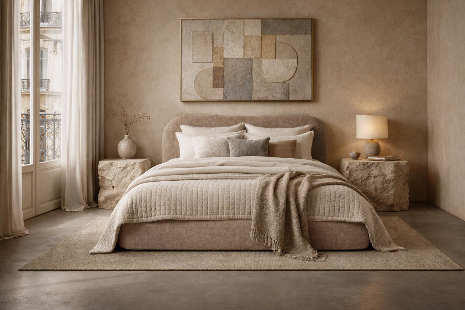 Lit coffre Gravilliers en tissu chenille taupe Paname Avenue, dans un décor inspire au quartier parisien