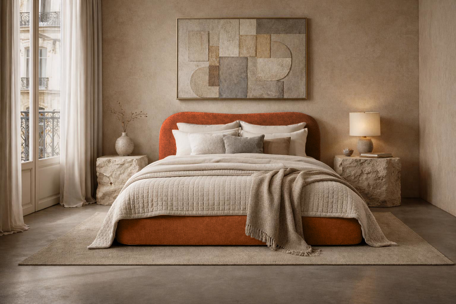 Lit coffre Gravilliers en tissu chenille terracotta Paname Avenue, dans un décor inspire au quartier parisien