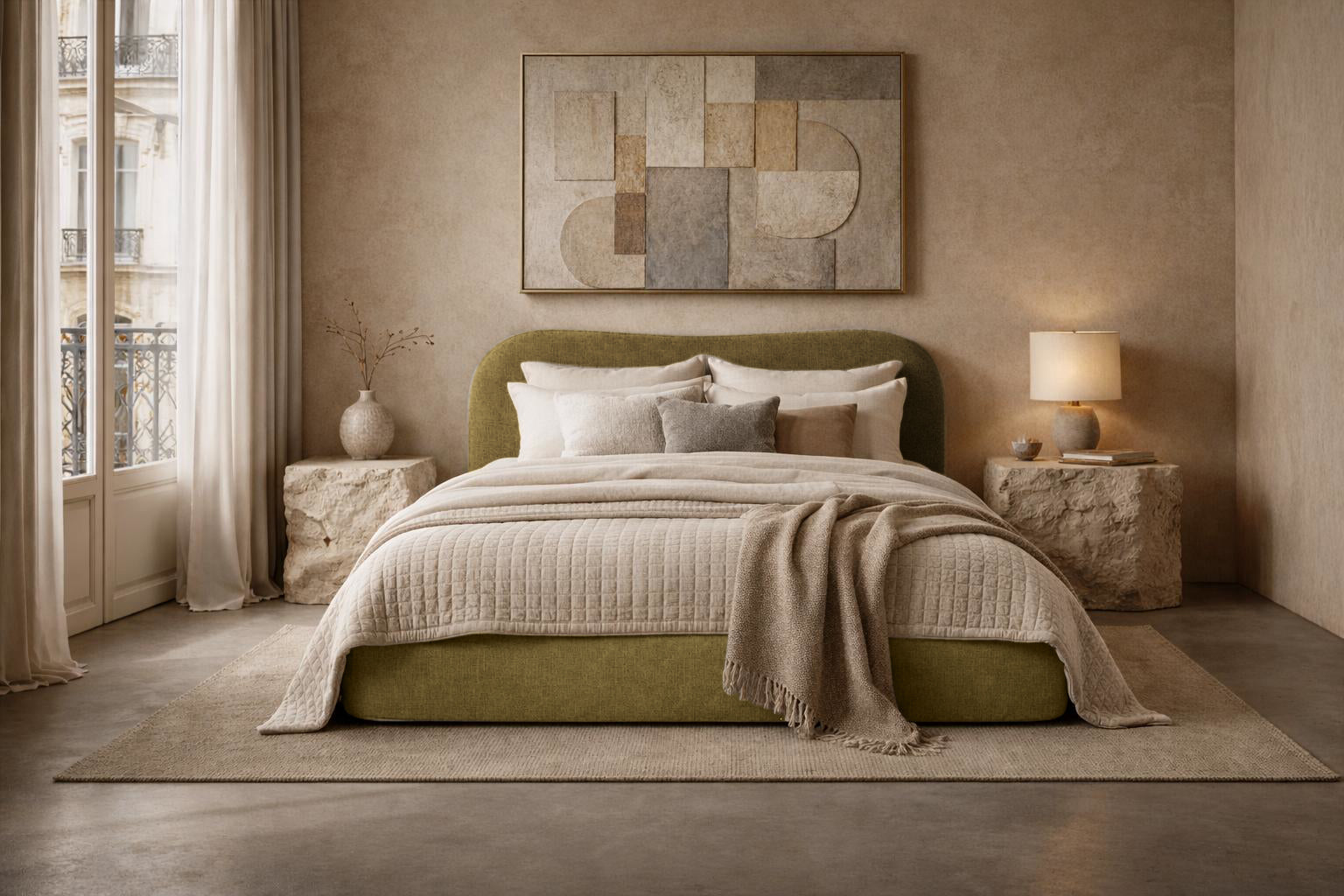 Lit coffre Gravilliers en tissu chenille vert olive Paname Avenue dans un décor inspiré du quartier parisien