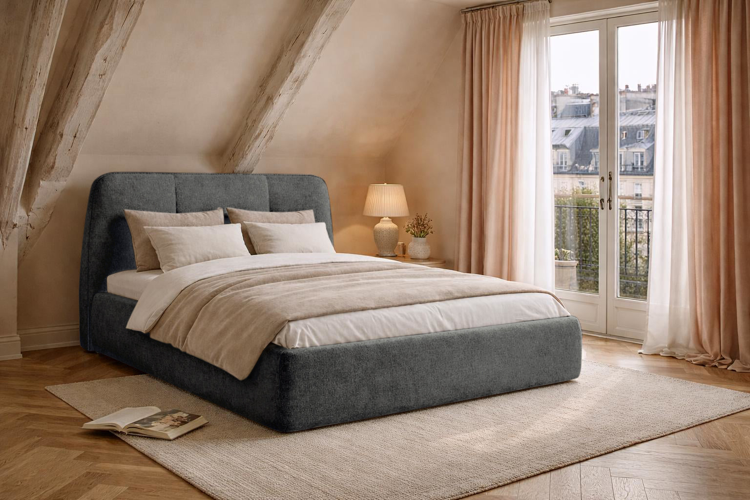 Lit coffre Rosiers en tissu chenille anthracite Paname Avenue dans un décor inspiré de Paris