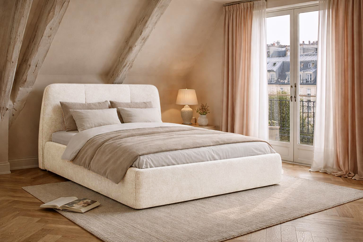 Lit coffre Rosiers en tissu chenille beige Paname Avenue dans un décor inspire au quartier parisien