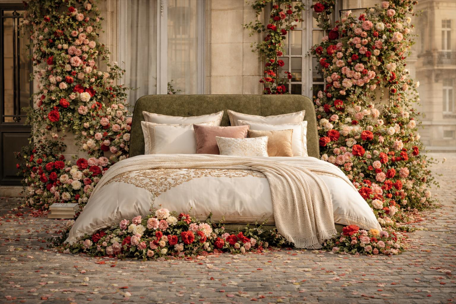 Lit coffre modèle Rosiers par Paname Avenue, mis en scène dans un décor floral romantique sur une place pavée parisienne.