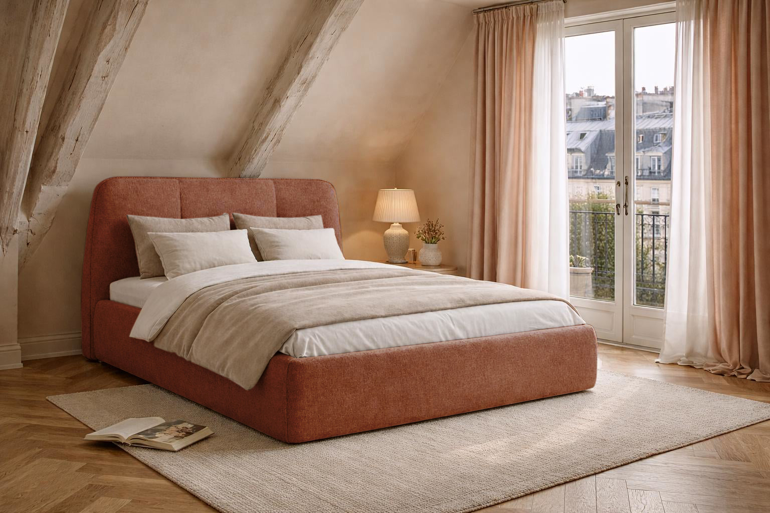 Lit coffre Rosiers en tissu chenille terracotta Paname Avenue dans un décor inspiré de Paris