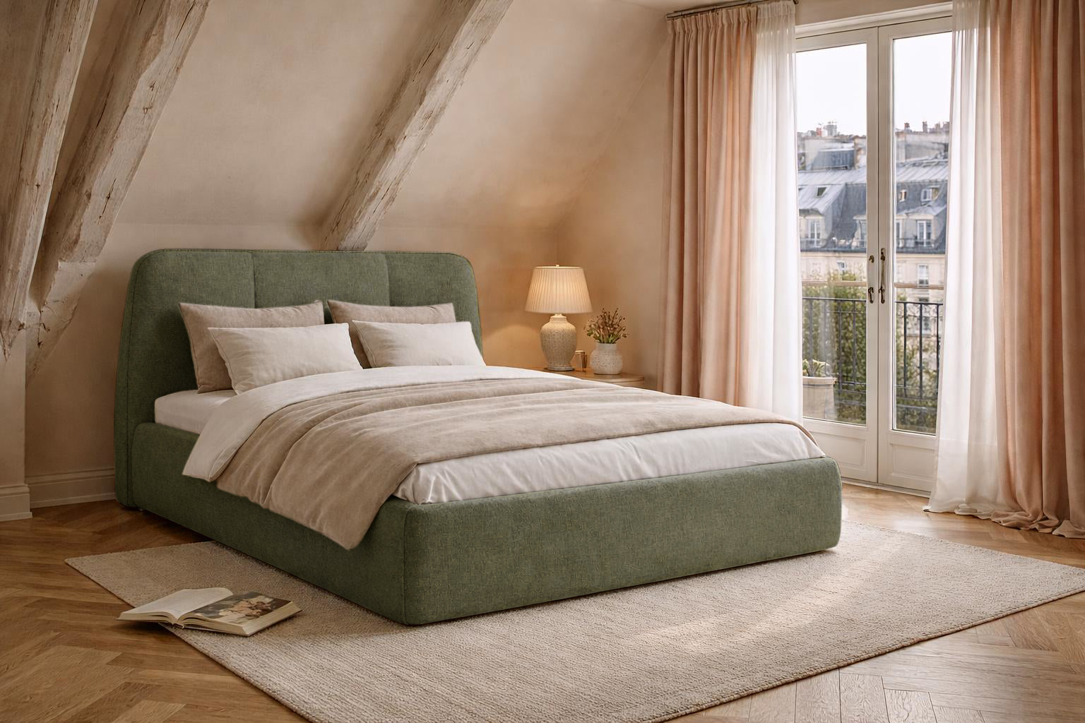 Lit coffre Rosiers en tissu chenille vert Paname Avenue dans un décor inspiré de Paris