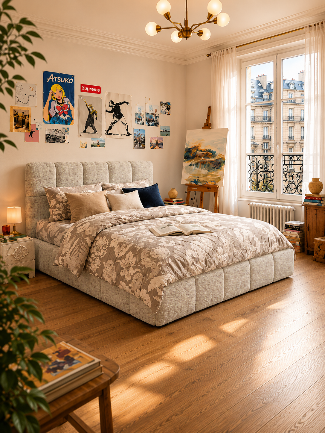 Lit coffre Steinkerque en tissu effet peluche beige dans une chambre créative et lumineuse avec parquet en bois, décoration artistique et inspiration parisienne