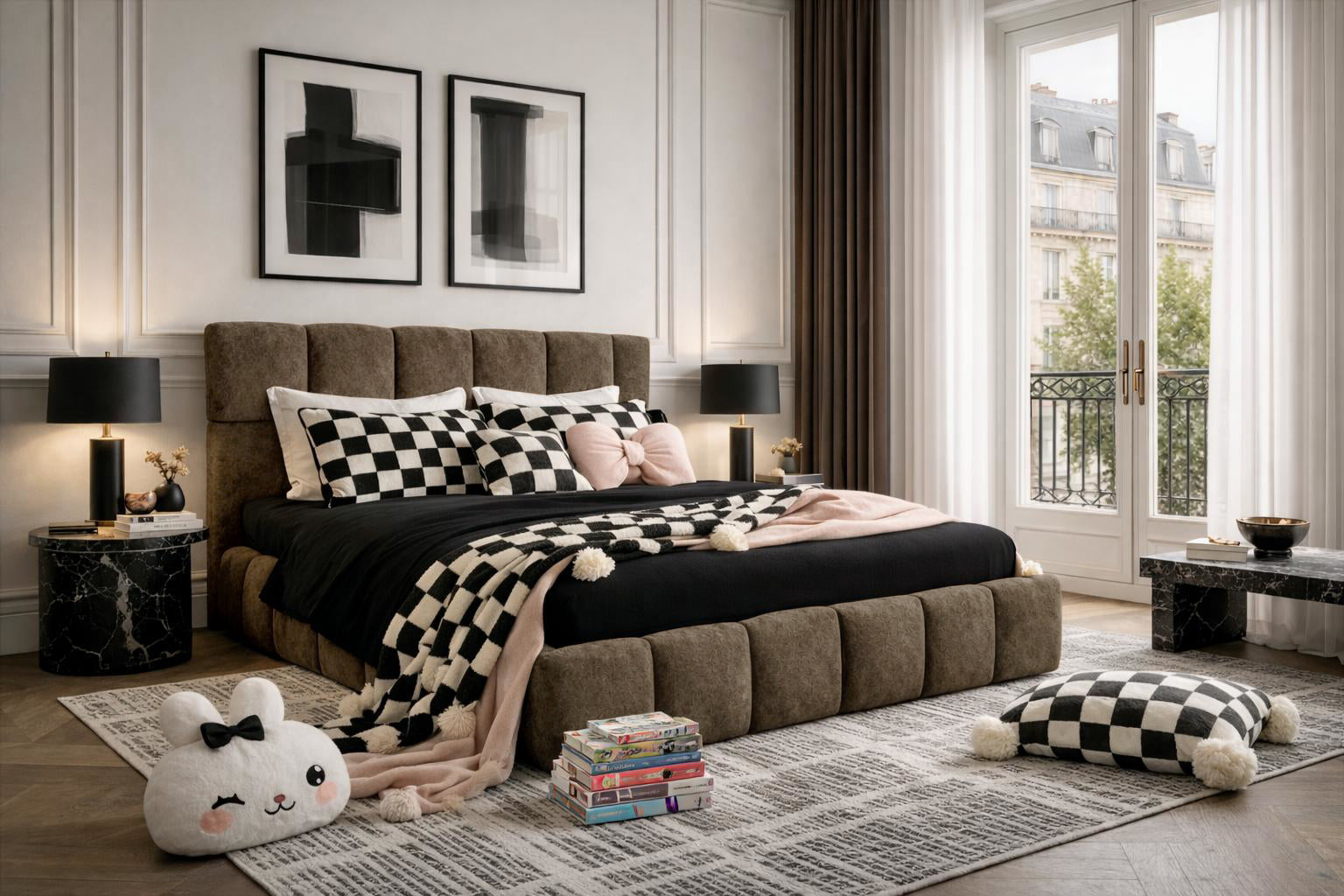 Lit coffre Steinkerque en tissu peluche à poil long marron Paname Avenue dans un décor inspiré du quartier parisien