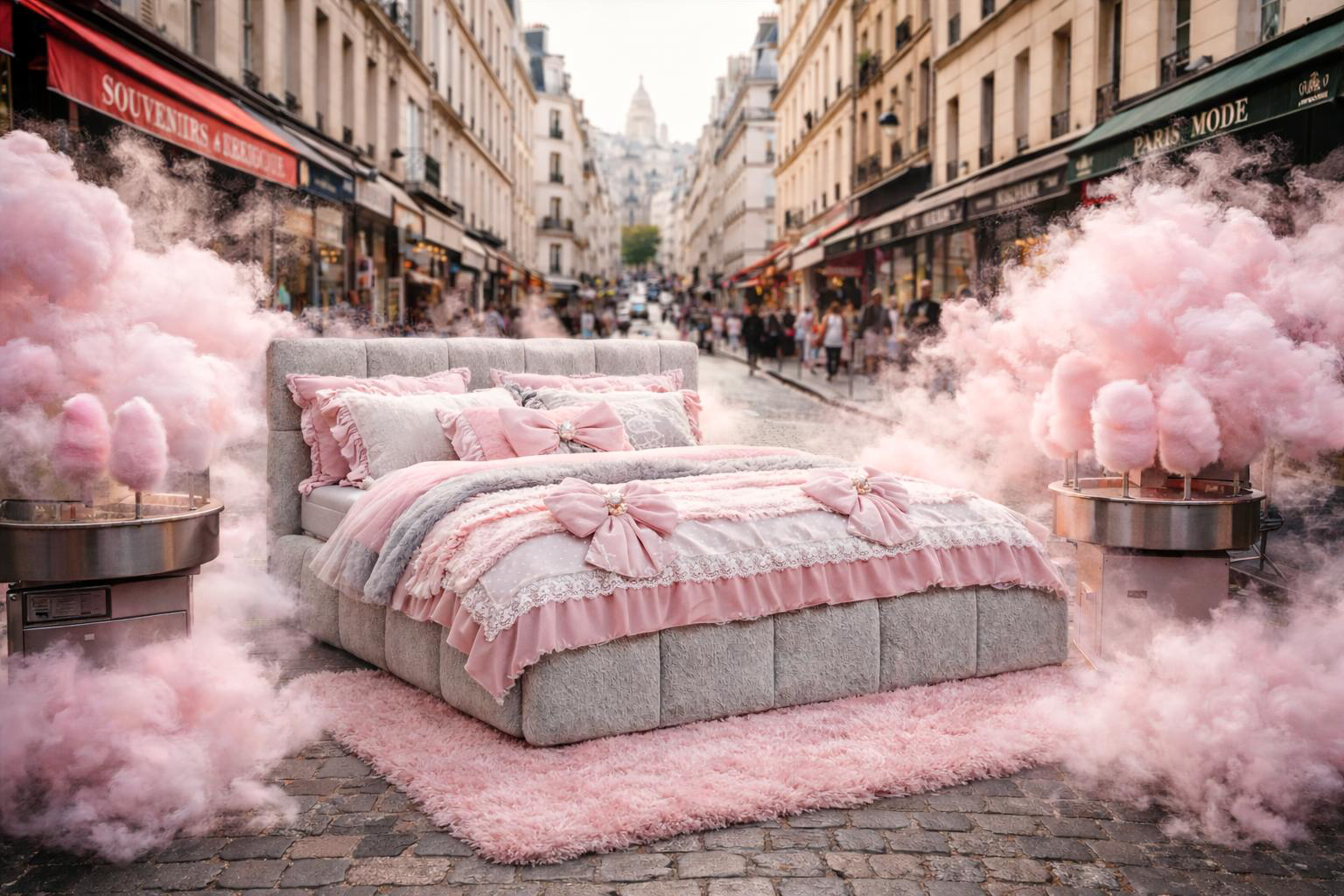 Lit coffre Steinkerque avec linge de lit rose et nœuds décoratifs dans le style kawaii, installé au milieu d’une rue parisienne animée, entouré de machines à barbe à papa diffusant une brume rose, ambiance onirique et décalée.