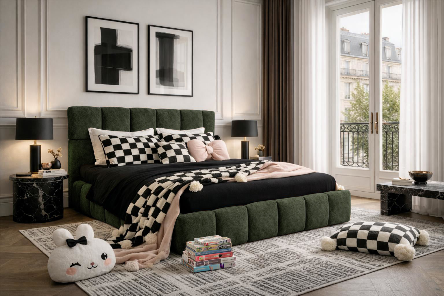 Lit coffre Steinkerque en tissu peluche à poil long vert Paname Avenue dans un décor inspiré de Paris