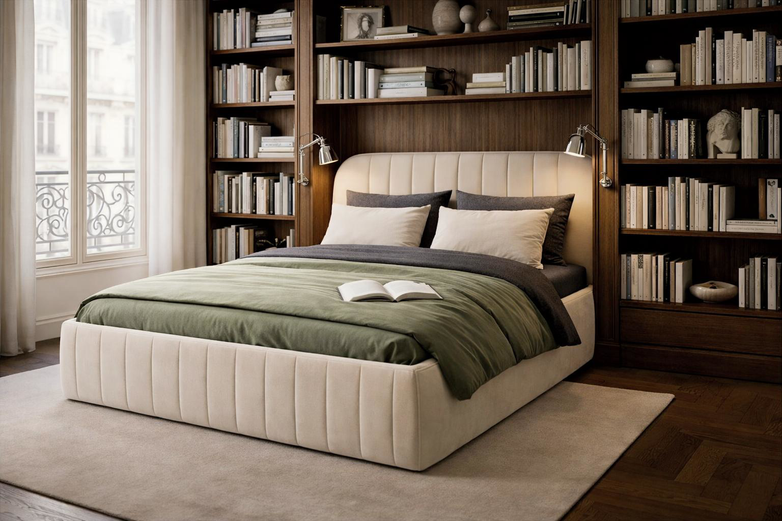 Lit coffre Timbaud en tissu velours lisse beige Paname Avenue dans un décor inspire au quartier parisien