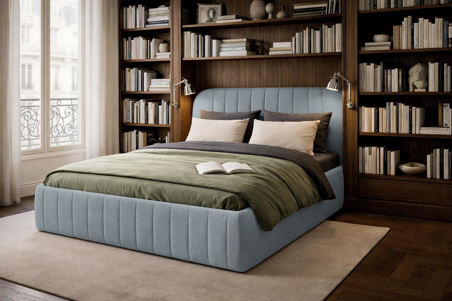 Lit coffre Timbaud en tissu velours lisse bleu Paname Avenue dans un décor inspire de Paris