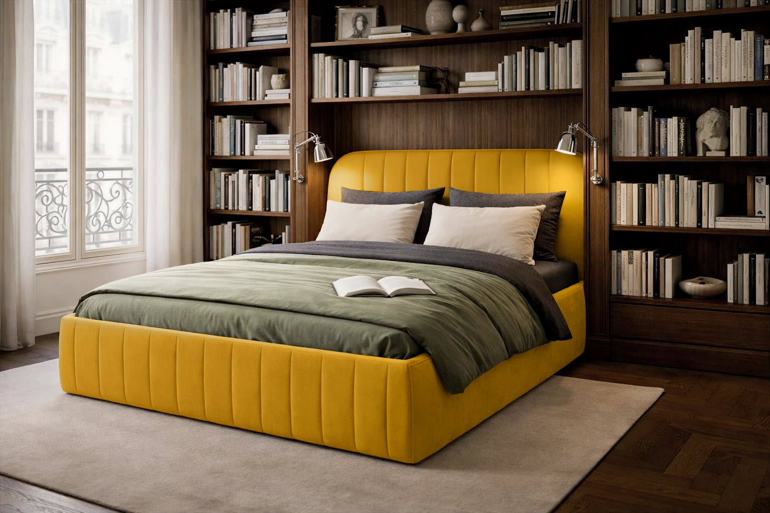 Lit coffre Timbaud en tissu velours lisse jaune Paname Avenue dans un décor inspire de Paris