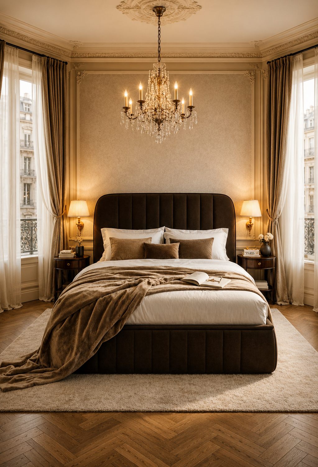 Lit coffre Timbaud en velours lisse marron dans une chambre haussmannienne élégante avec lustre en cristal, parquet point de Hongrie et ambiance chaleureuse