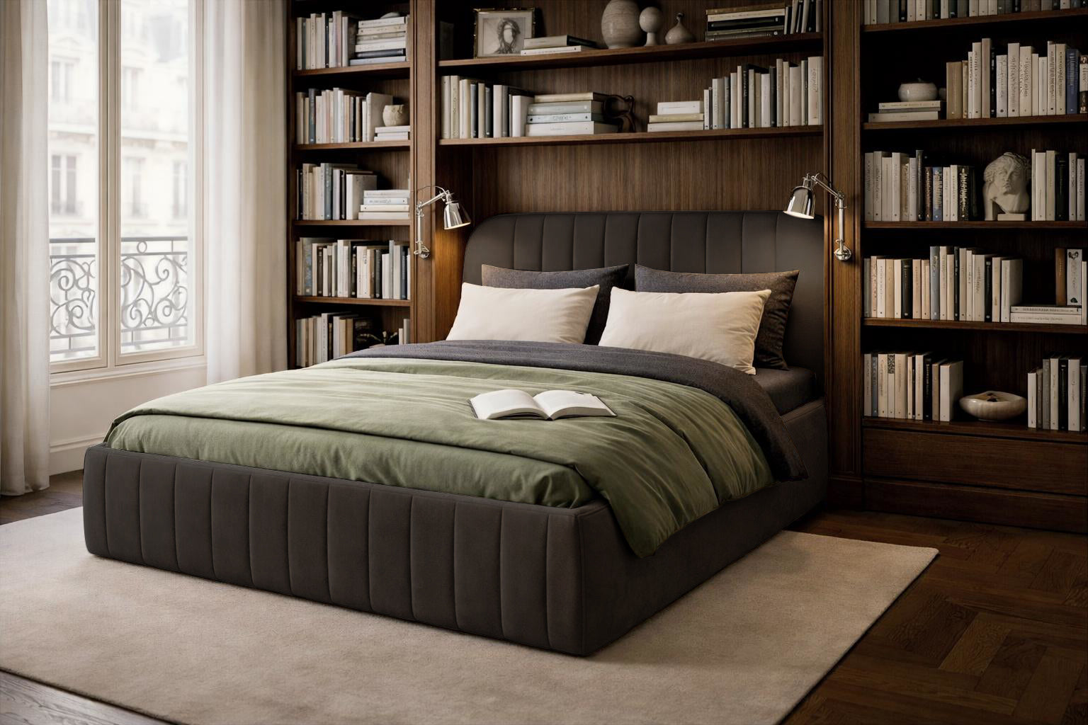 Lit coffre Timbaud en tissu velours lisse marron Paname Avenue dans un décor inspire de Paris