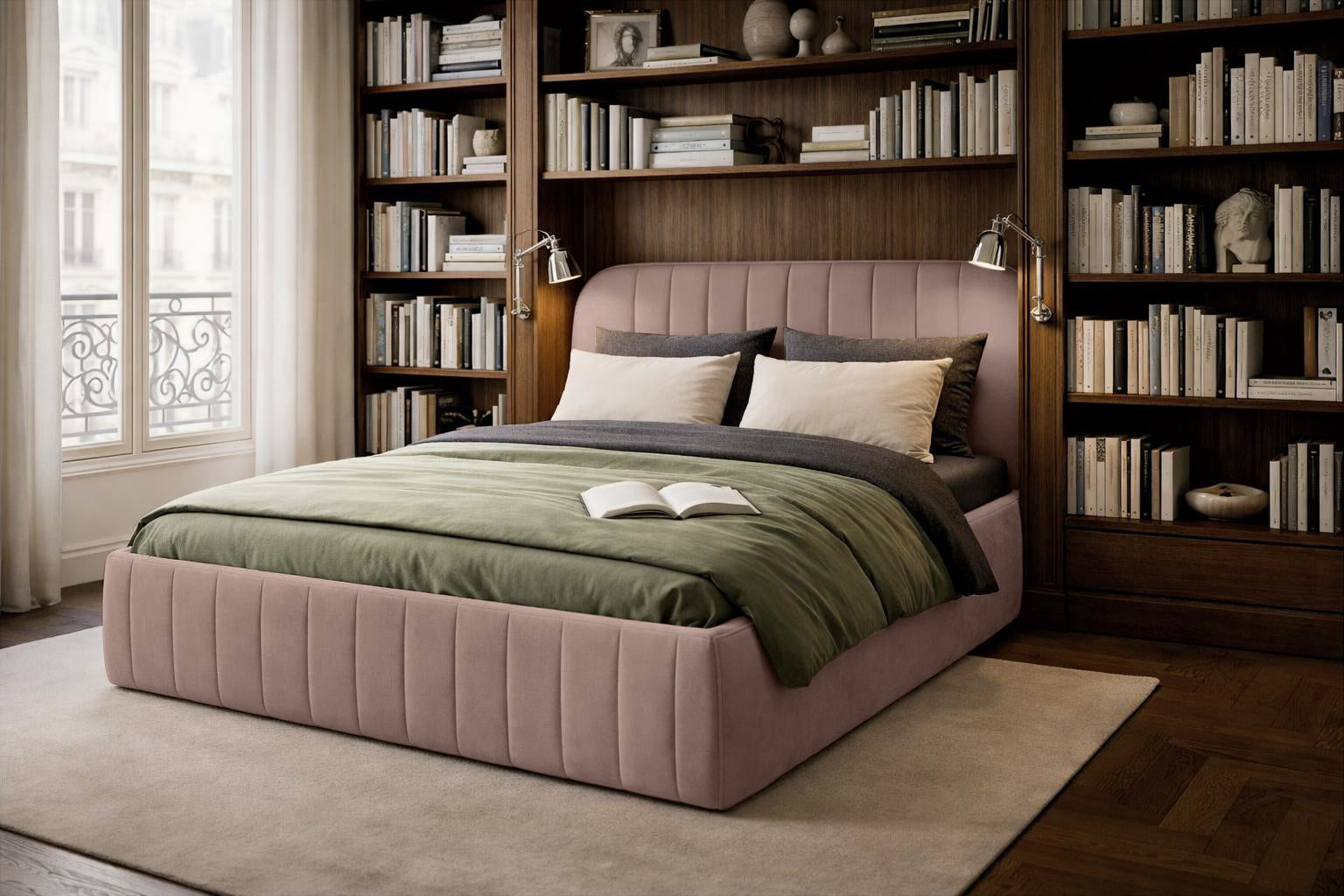 Lit coffre Timbaud en tissu velours lisse rose Paname Avenue dans un décor inspire de Paris