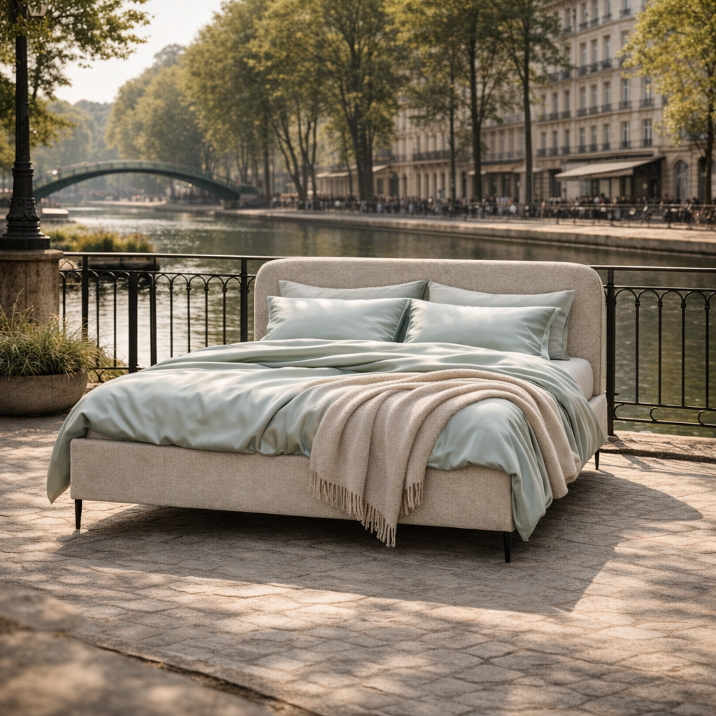 Lit coffre Yves Toudic de Paname Avenue dans un décor parisien extérieur du quartier Canal Nord