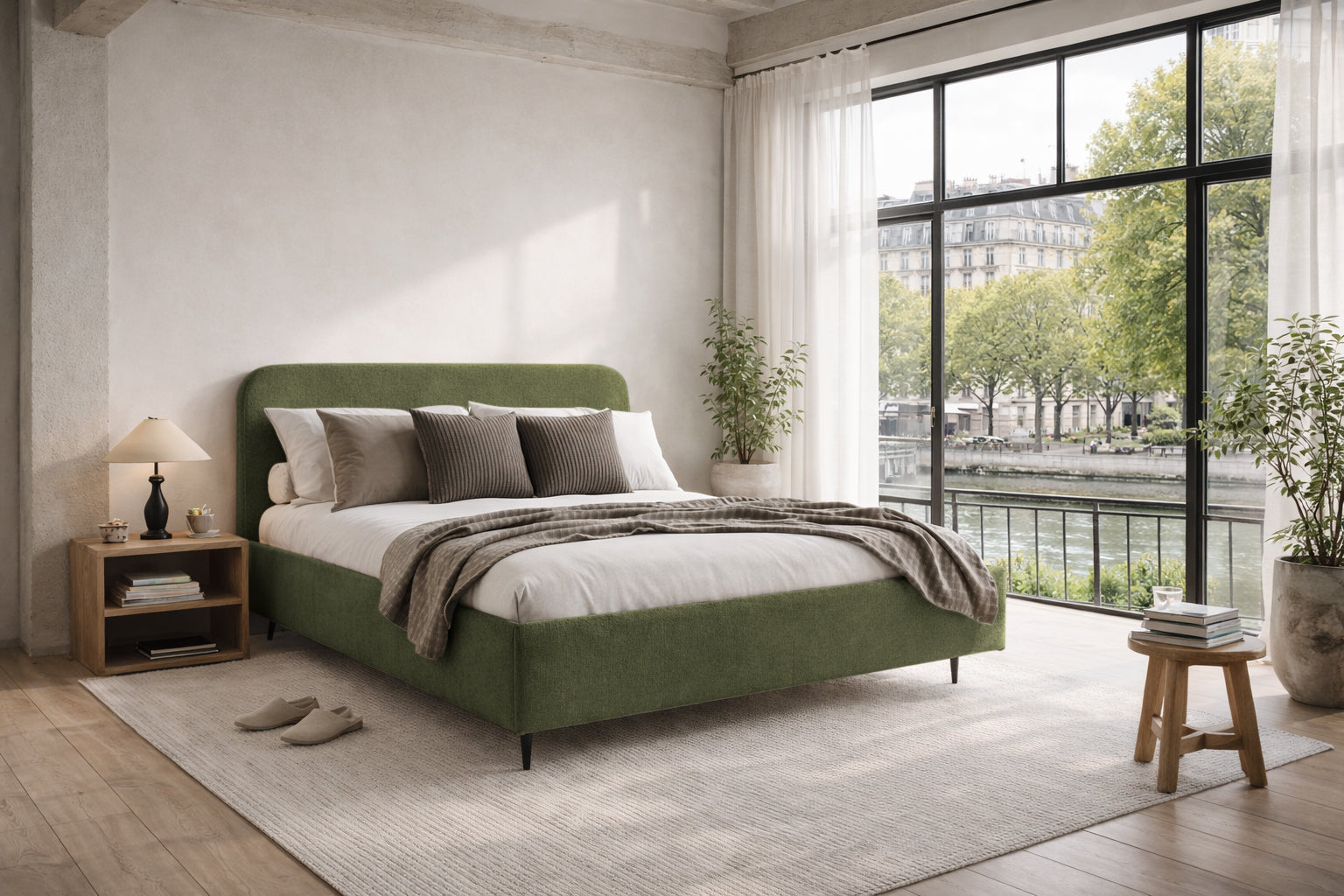 Lit coffre Yves Toudic en tissu bouclette vert Paname Avenue dans un décor inspire au quartier parisien