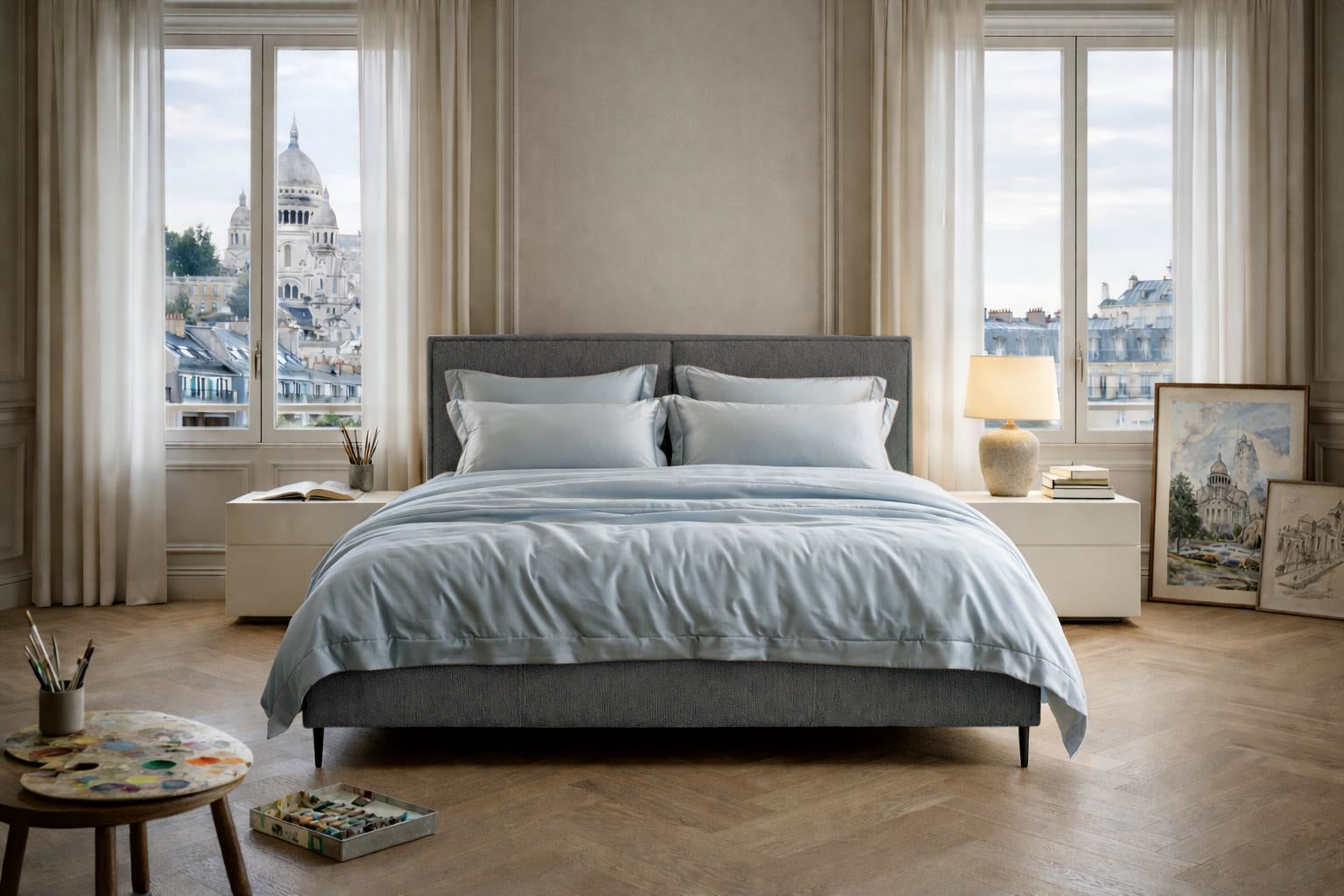 Lit coffre Yvonne le Tac en tissu chenille anthracite Paname Avenue dans un décor inspire au quartier parisien