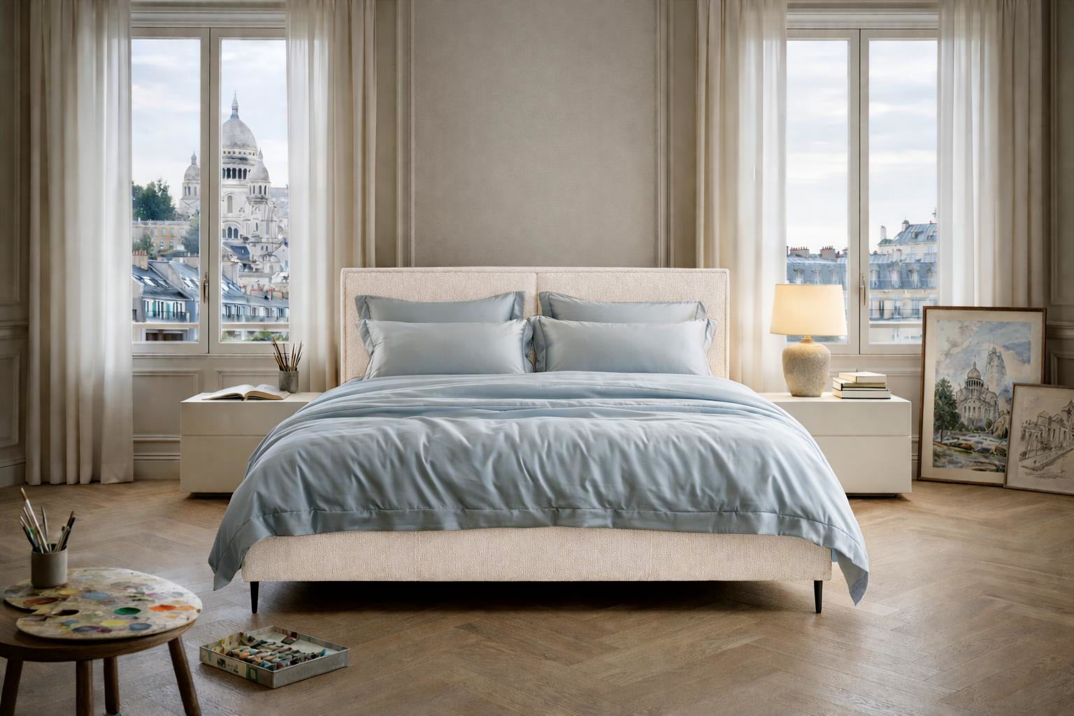 Lit coffre Yvonne le Tac en tissu chenille beige Paname Avenue dans un décor inspire au quartier parisien