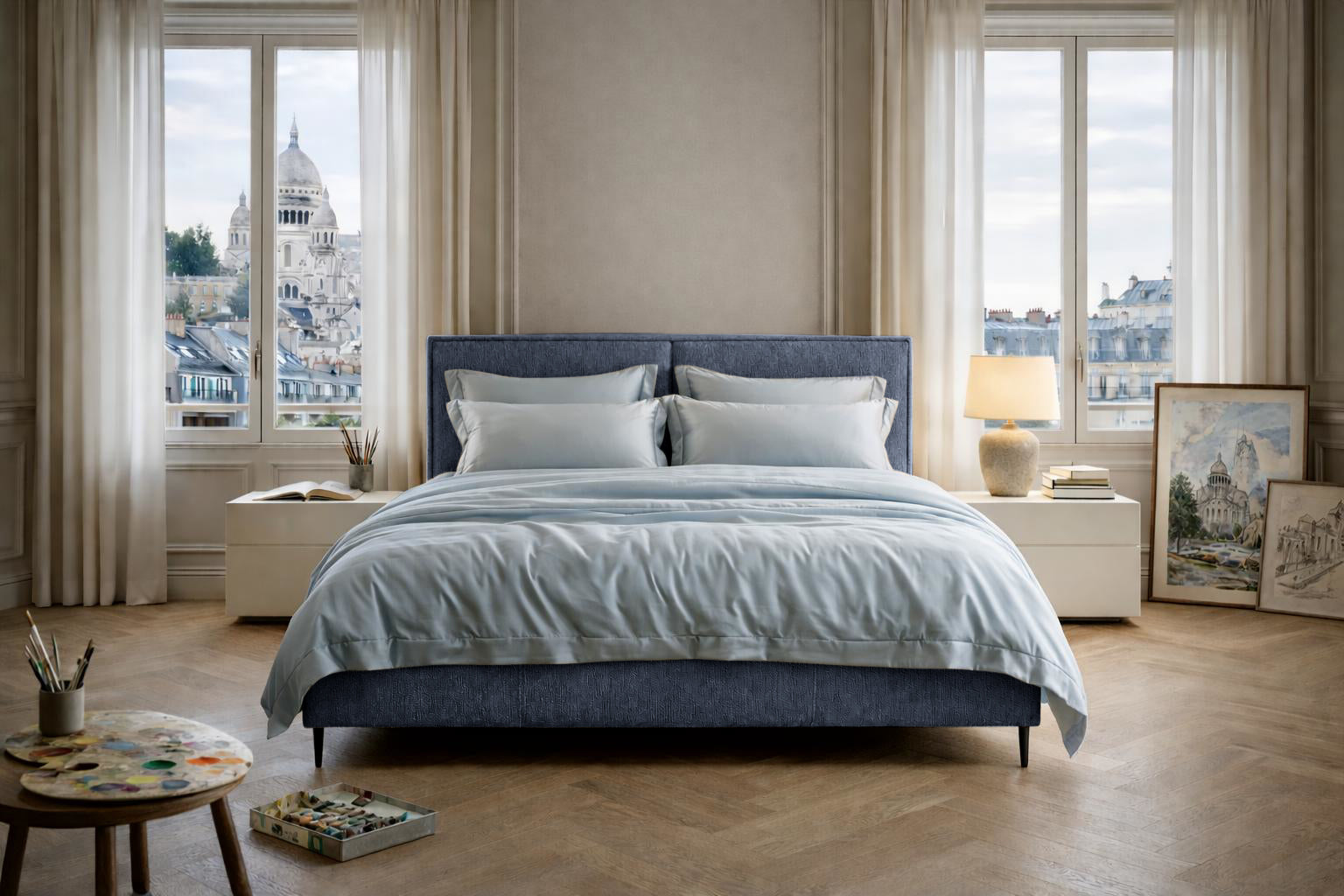 Lit coffre Yvonne le Tac en tissu chenille bleu Paname Avenue dans un décor inspire de Paris