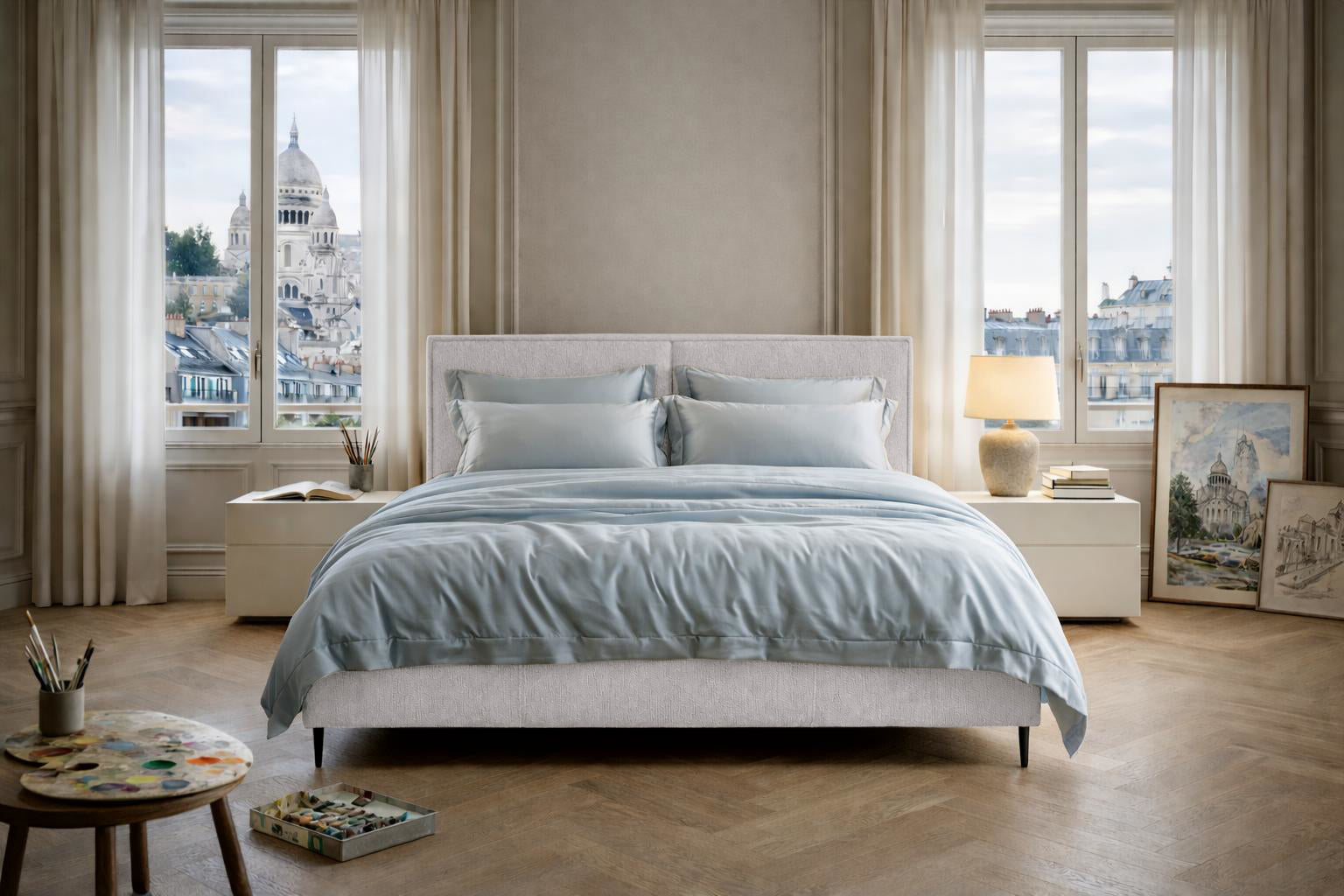 Lit coffre Yvonne le Tac en tissu chenille gris Paname Avenue dans un décor inspire de Paris