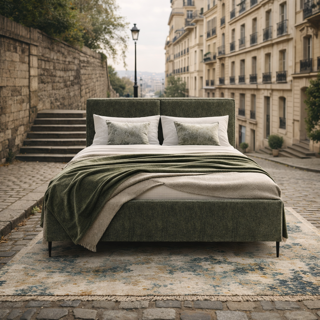 Lit coffre Yvonne le Tac de Paname Avenue dans un décor parisien extérieur du quartier Montmartre