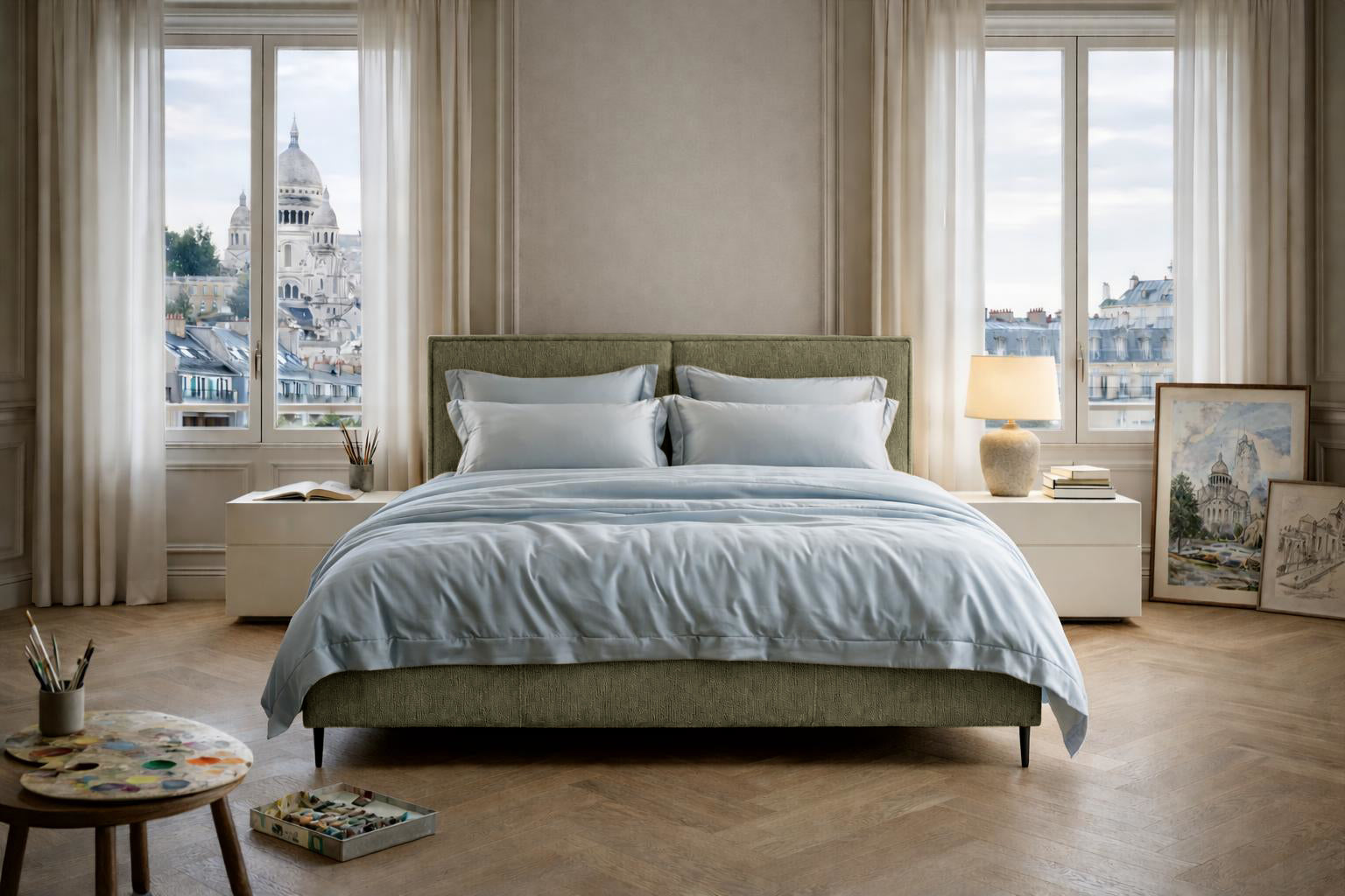 Lit coffre Yvonne le Tac en tissu chenille vert Paname Avenue dans un décor inspire de Paris