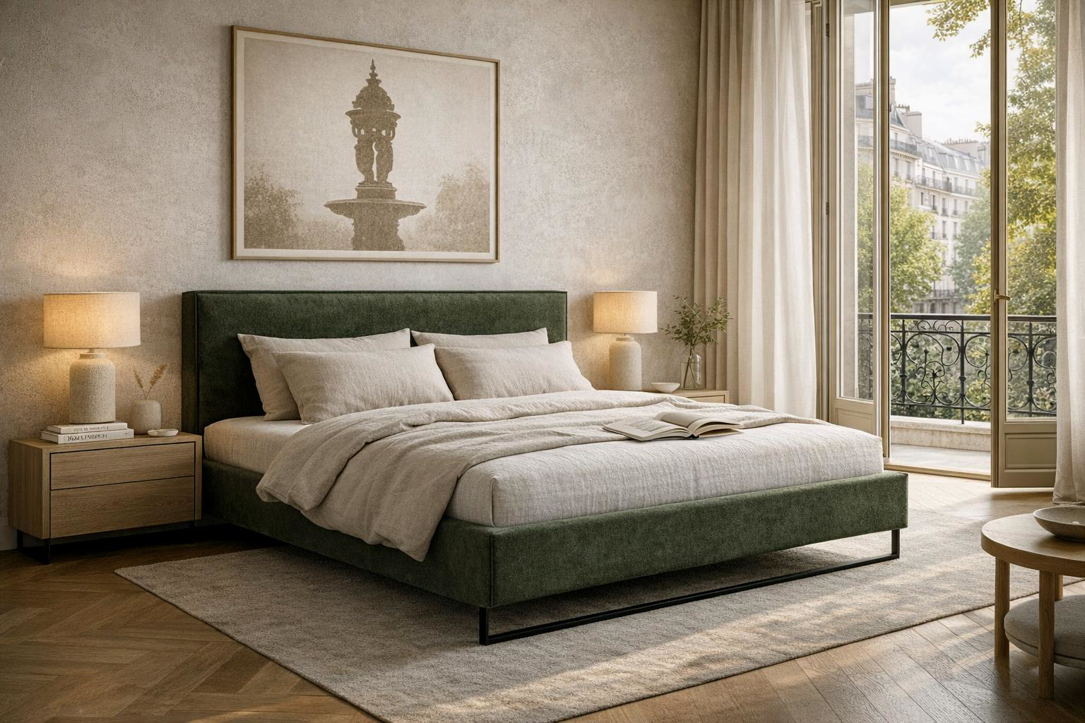 Lit Debelleyme Paname Avenue en tissu  vert, design contemporain à tête de lit droite et piètement métallique noir, présenté dans une chambre parisienne lumineuse.