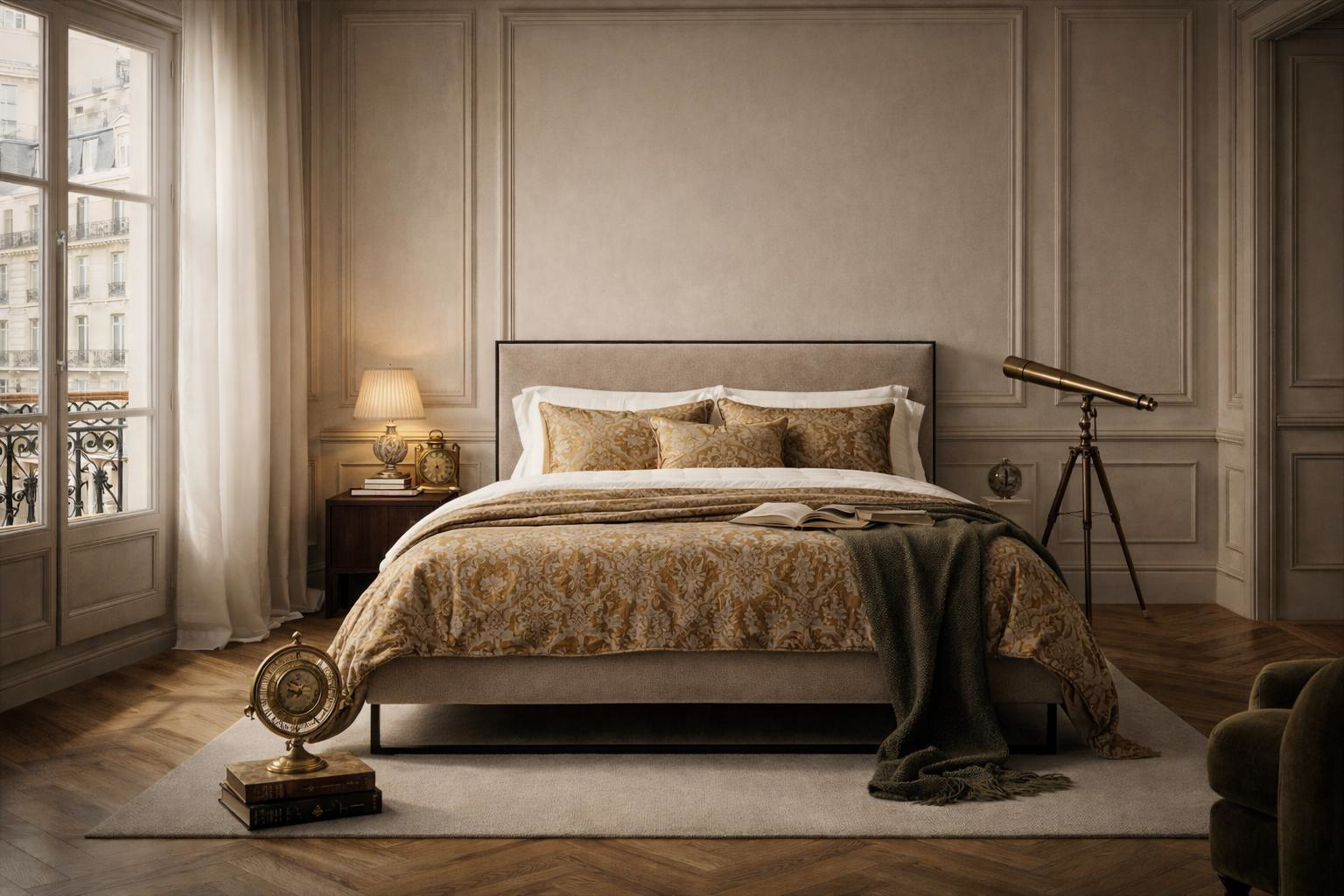 Lit Debelleyme de Paname Avenue dans une chambre haussmannienne avec des objets de curiosité en guise de décoration