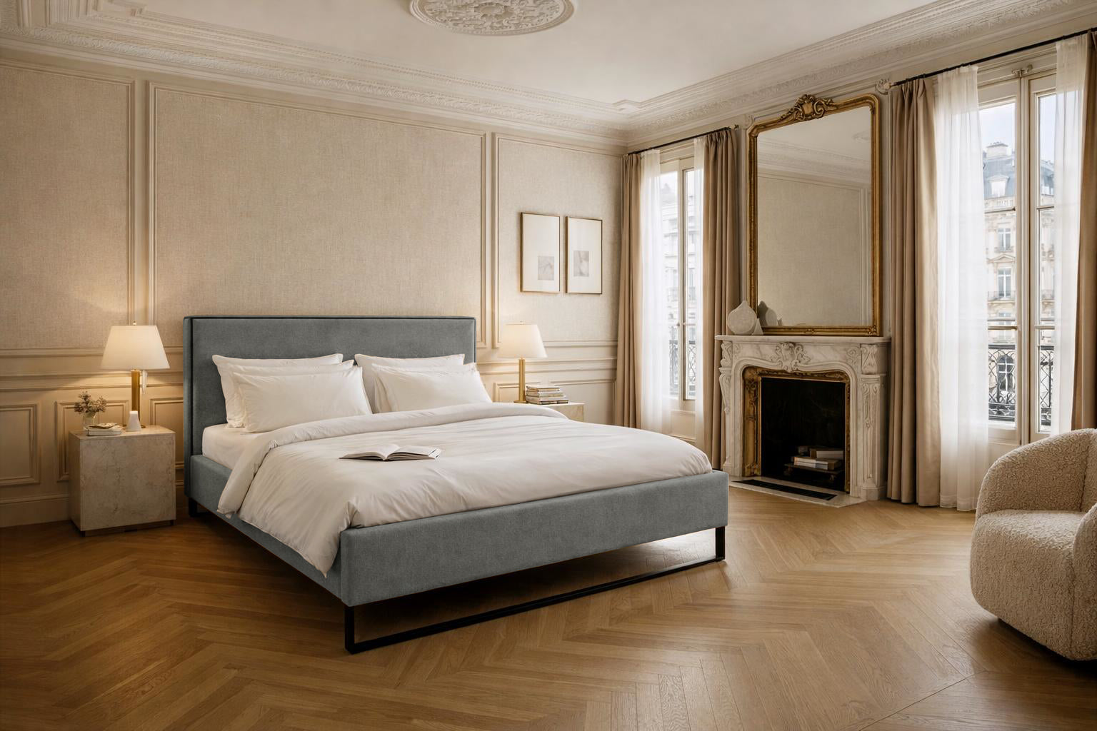 Lit Debelleyme en tissu chenille gris Paname Avenue dans un décor inspire au quartier parisien