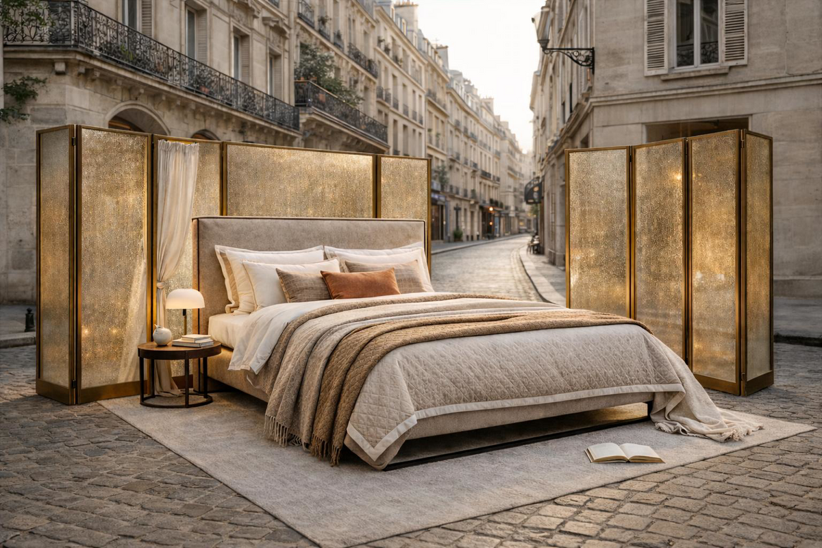 Lit Debelleyme Paname Avenue installé dans une rue parisienne avec paravents lumineux, créant une ambiance chaleureuse et sophistiquée.