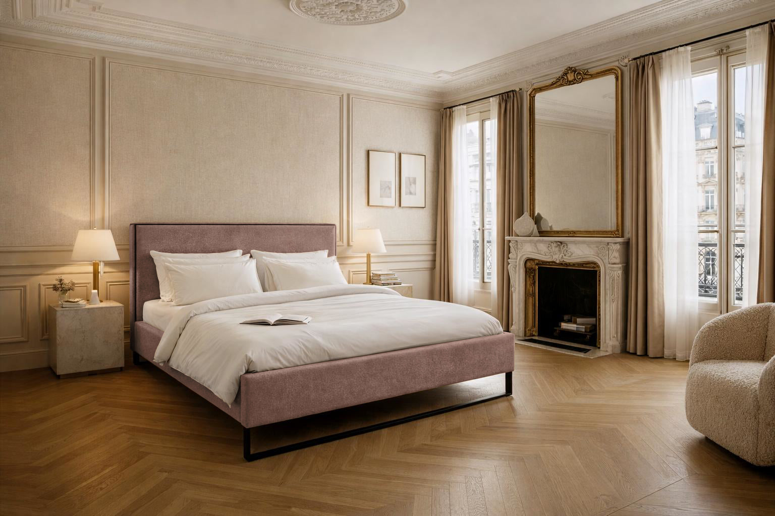 Lit Debelleyme en tissu chenille rose Paname Avenue dans un décor inspire au quartier parisien