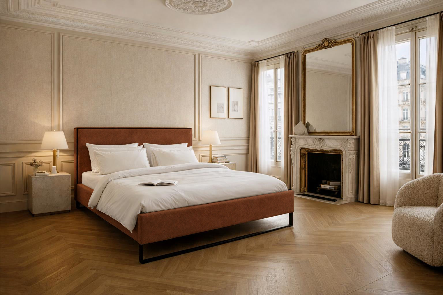 Lit Debelleyme en tissu chenille terracotta Paname Avenue dans un décor inspire au quartier parisien