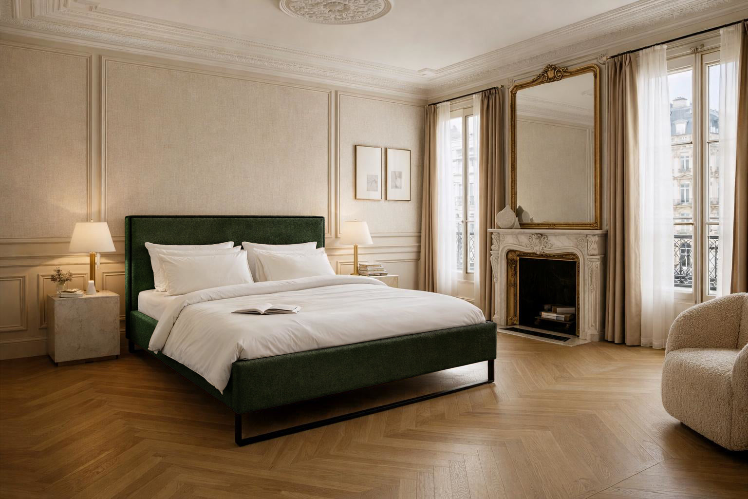 Lit Debelleyme en tissu chenille vert Paname Avenue dans un décor inspire au quartier parisien