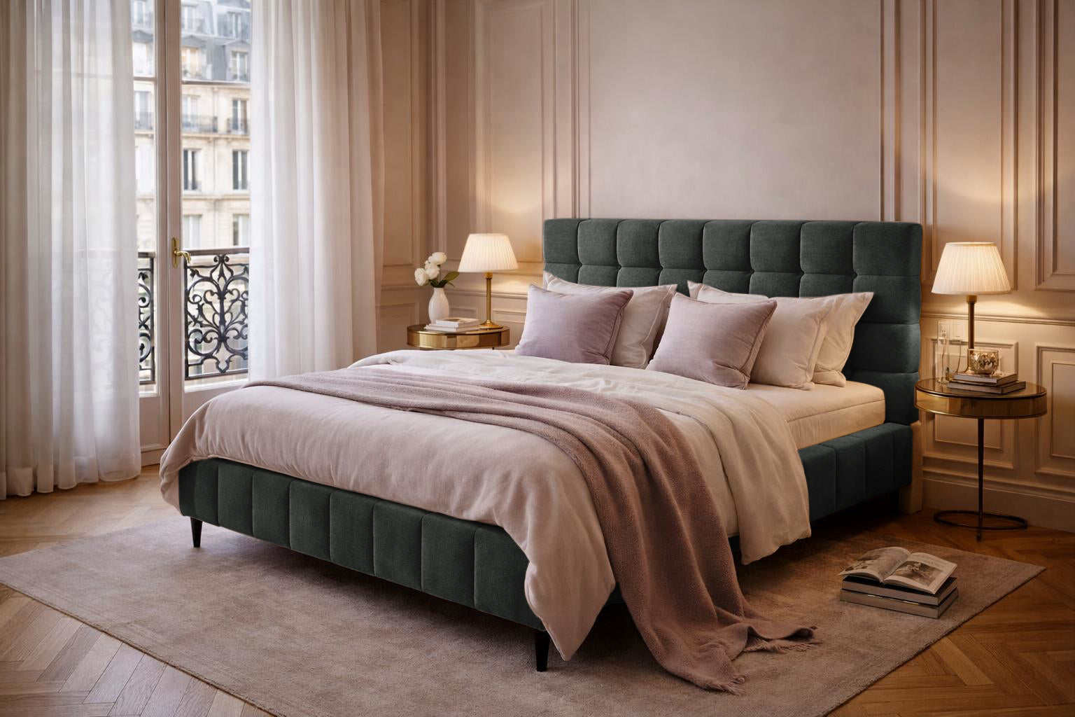 Lit Jacob en tissu chenille anthracite Paname Avenue dans un décor inspire au quartier parisien