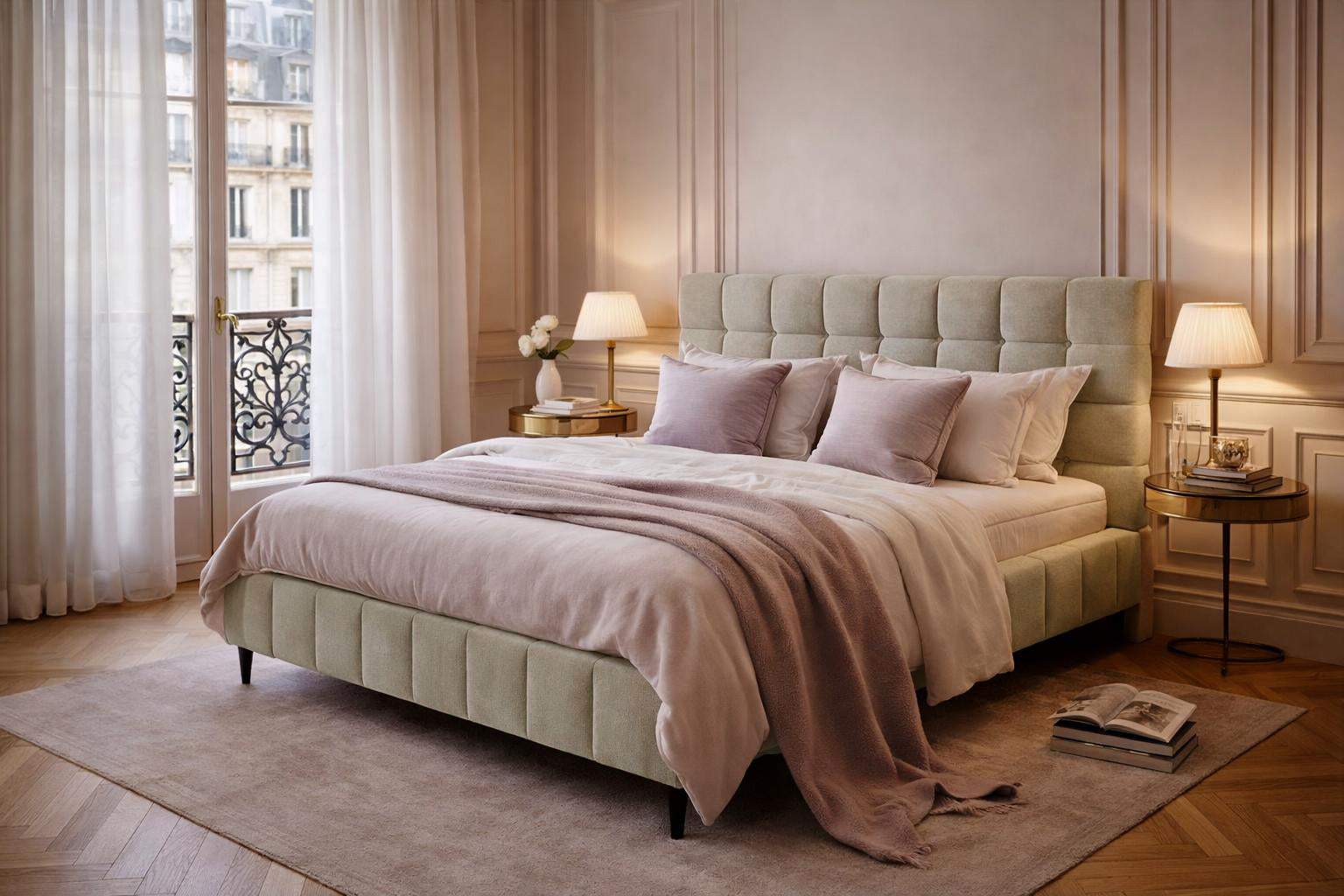 Lit Jacob en tissu chenille beige Paname Avenue dans un décor inspire au quartier parisien