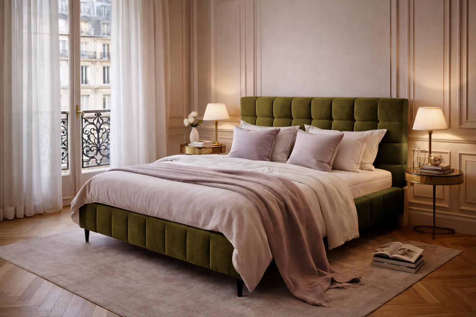 Lit Jacob en tissu chenille vert Paname Avenue dans un décor inspire de Paris