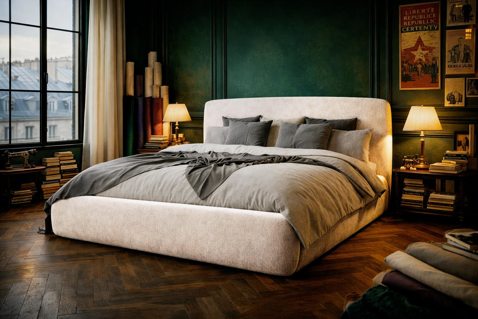 Lit Jeûneurs en tissu chenille beige Paname Avenue dans un décor inspire au quartier parisien