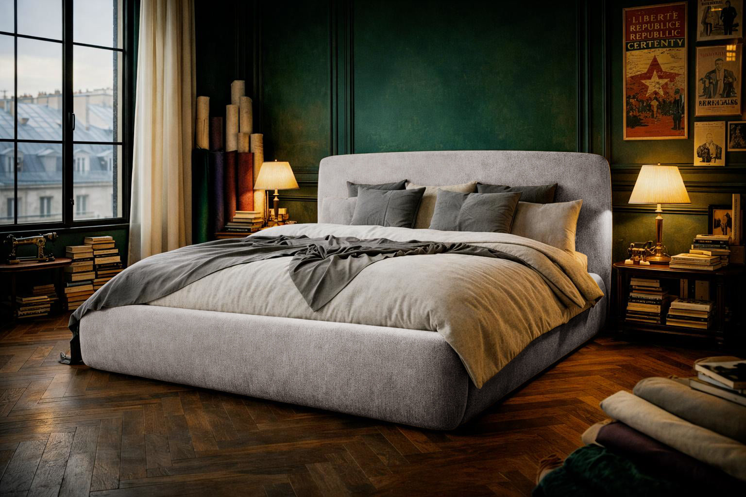 Lit Jeûneurs en tissu chenille gris Paname Avenue dans un décor inspire au quartier parisien