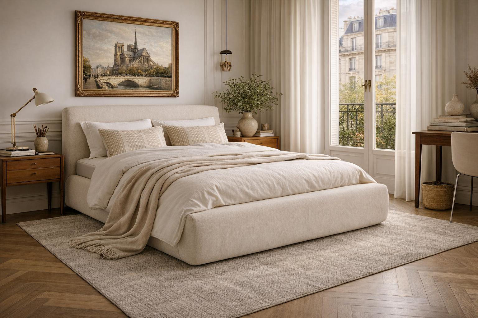 Lit Jeuneurs Paname Avenue dans une chambre au style classique parisien revisité avec une touche contemporaine douce