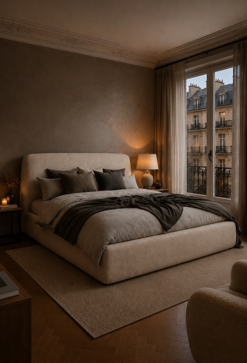Lit Jeûneurs en tissu beige dans une chambre parentale élégante de style parisien avec vue sur les toits de Paris