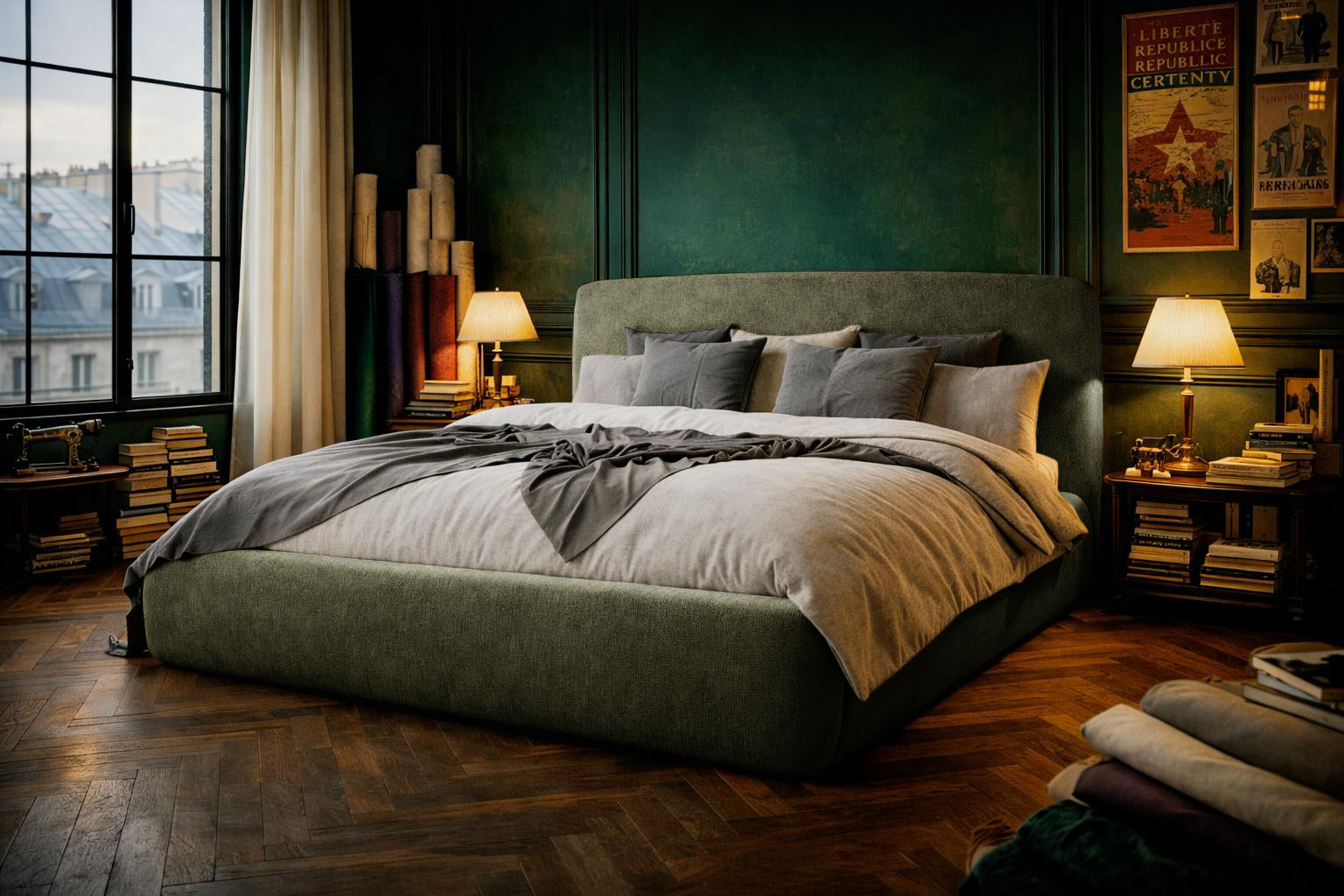 Lit Jeûneurs en tissu chenille vert Paname Avenue dans un décor inspire au quartier parisien