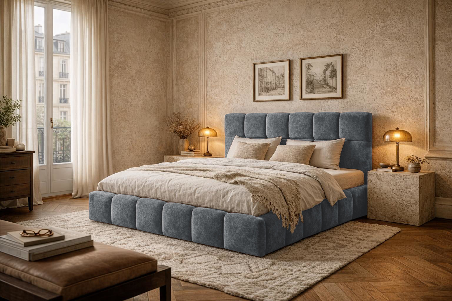 Lit Ravignan en tissu peluche poil court anthracite Paname Avenue dans un décor inspire au quartier parisien
